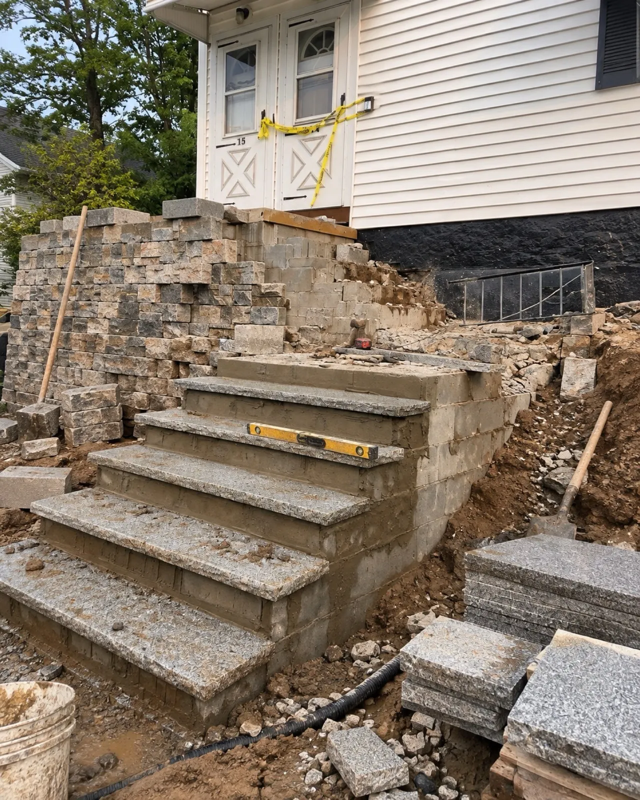 Granite steps and retaining wall mid-construction in Boston, MA