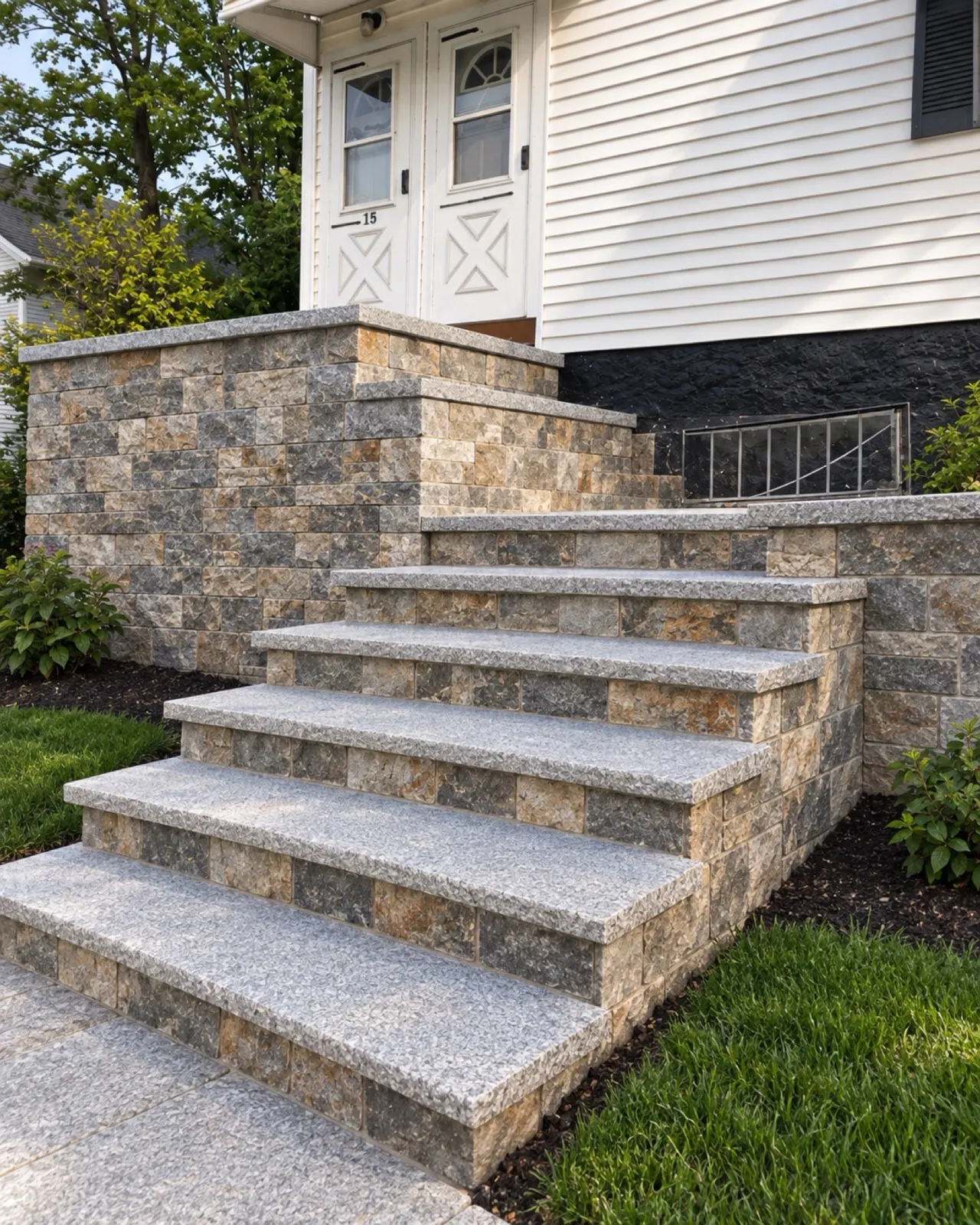 Completed granite steps and retaining wall at a Boston, MA home