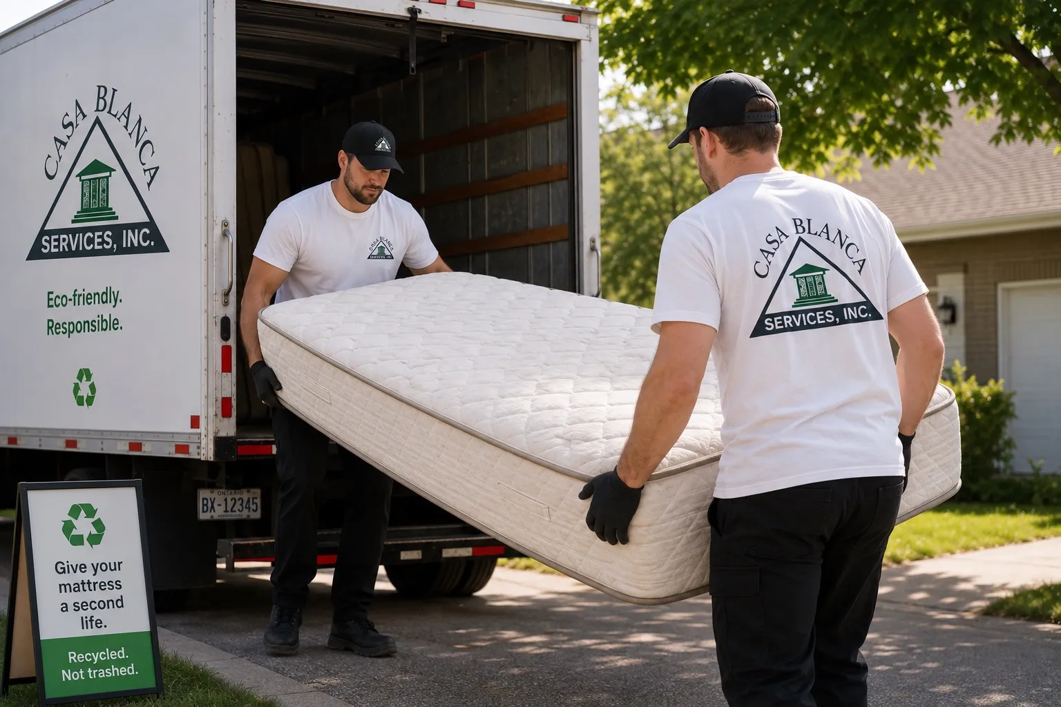 Casablanca Services crew loading a mattress into a box truck for curbside pickup and recycling in Greater Boston, MA