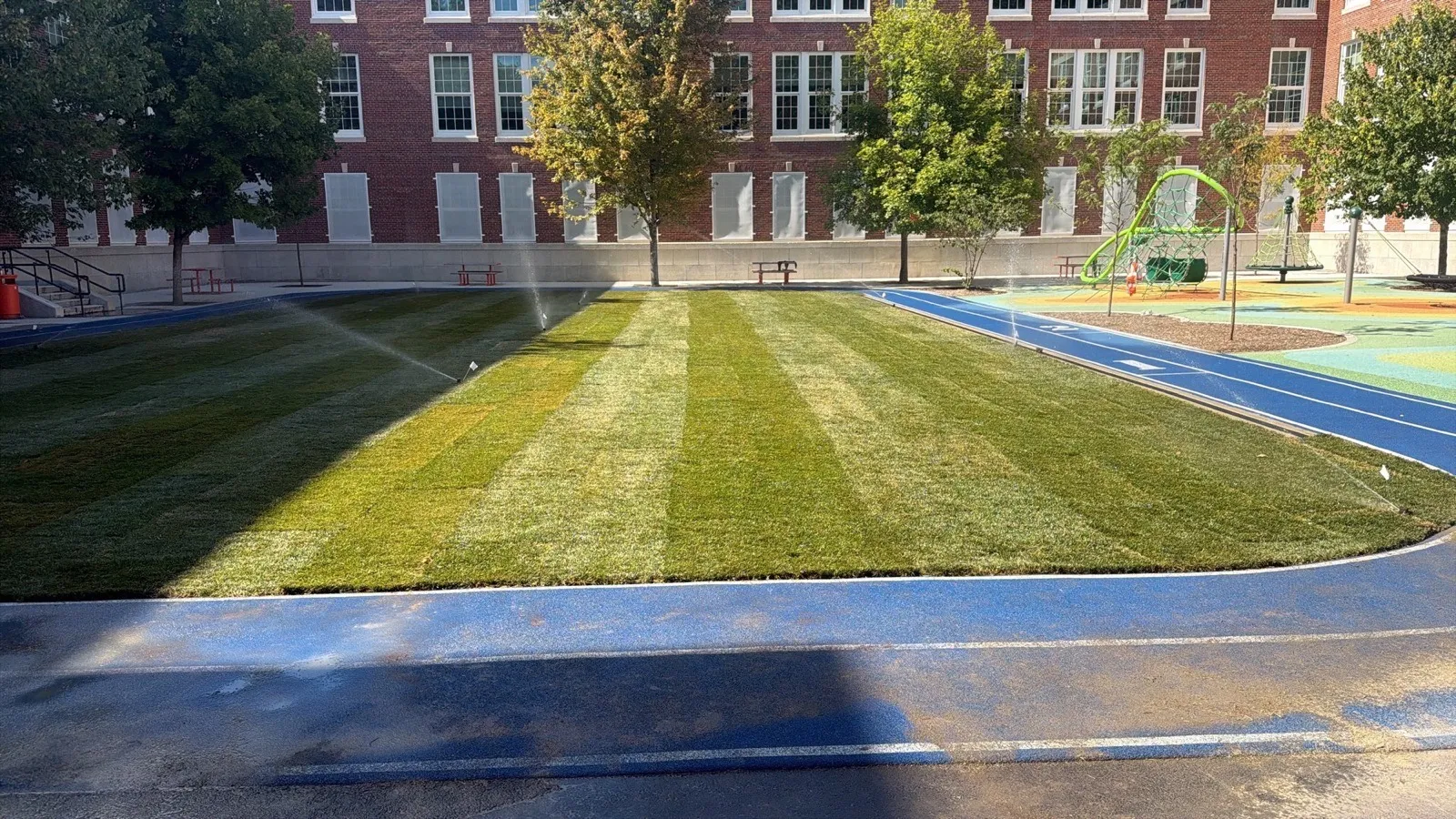 Irrigation running on newly installed sod at a school in Boston, MA