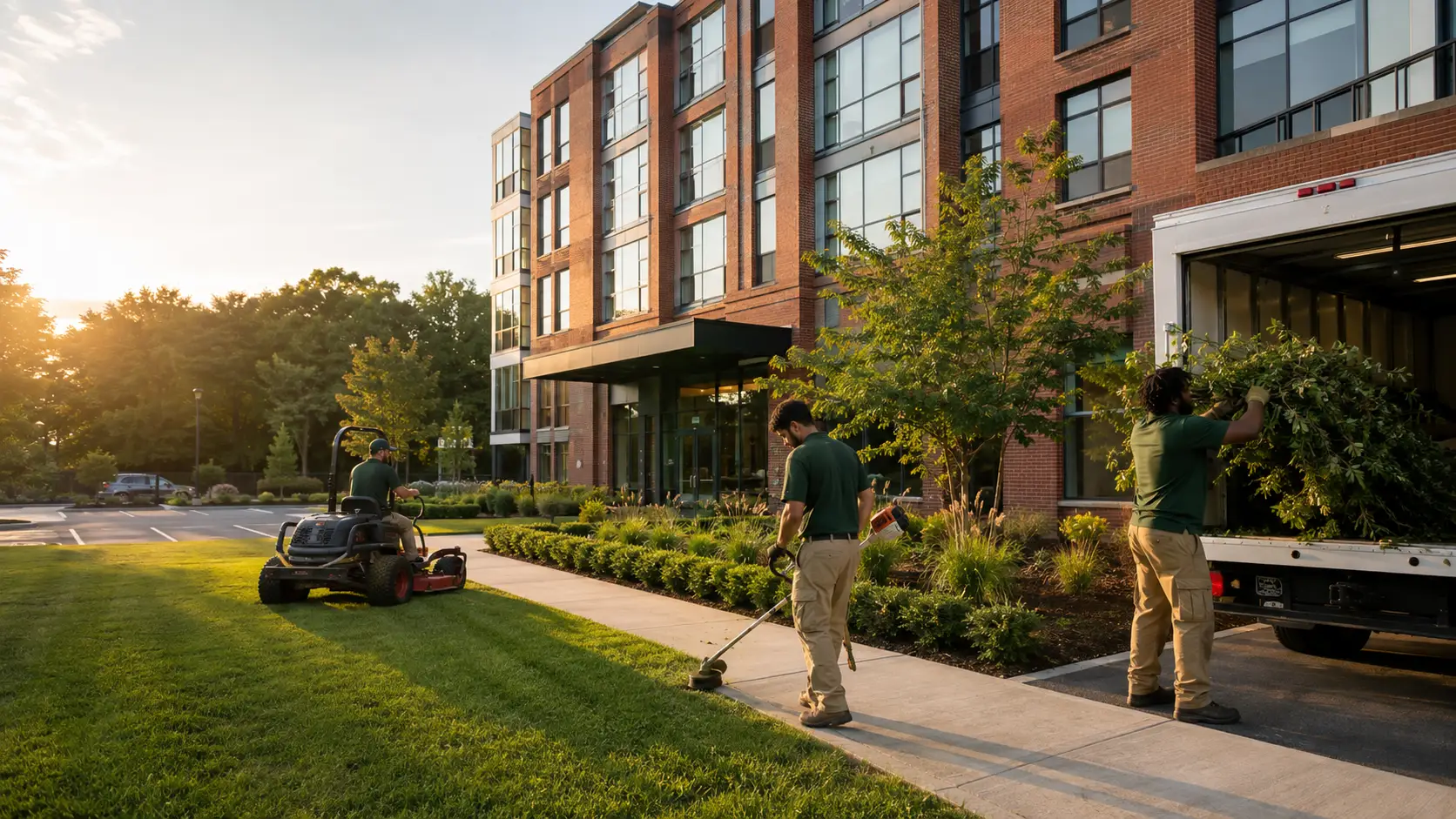 A Casablanca Services crew maintaining the grounds of a multi-story brick apartment building at sunrise — one on a zero-turn mower on the striped lawn, one string-trimming the walkway edge, and one loading shrubs into a box truck