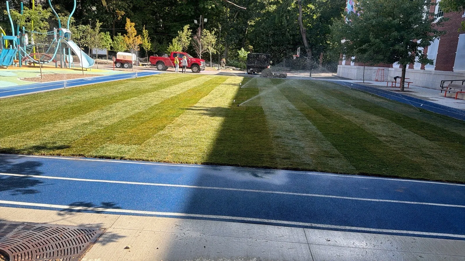 New sod laid across an athletic field in Boston, MA